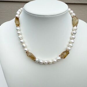 Citrine Pearl Necklace. Handmade  Baroque Freshwater Pearl Necklace.